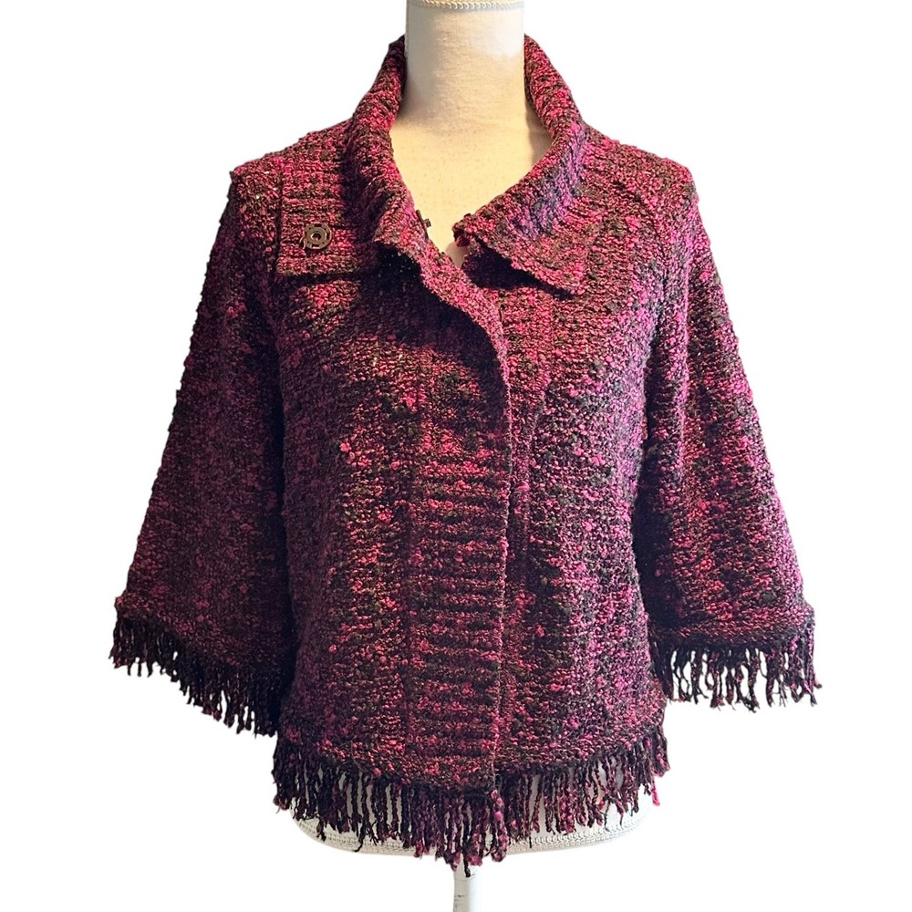 ST JOHN Womens Knit Sweater Cardigan Fring Hem Snap Button Front Luxury Size Med